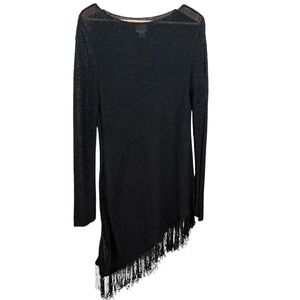 Chico's Asymmetrical‎ Hem Open Knit Top Black Long Sleeve Tassel Hem Size 1